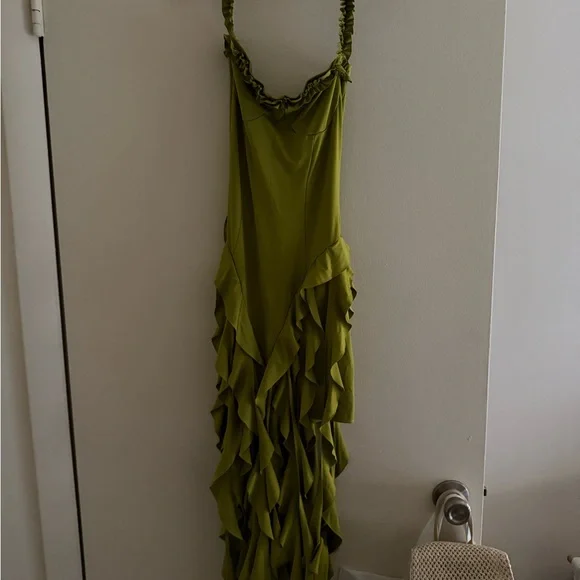 Ruffled Asymmetrical Olive Green Dress - Picture 2 of 2